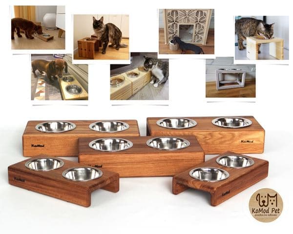 Миски для собак и кошек на деревянной подставке